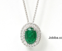18K White Gold Diamond and Oval Emerald Pendant